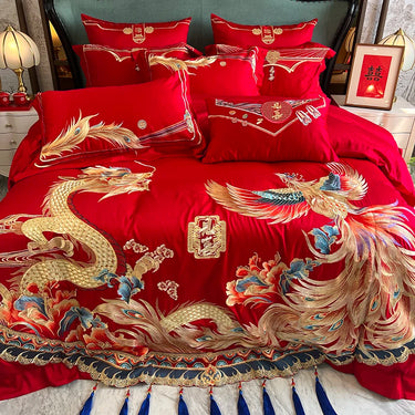 Luxury Red Gold Dragon Egyptian Cotton Embroidery Wedding 9Pcs Bedding Set